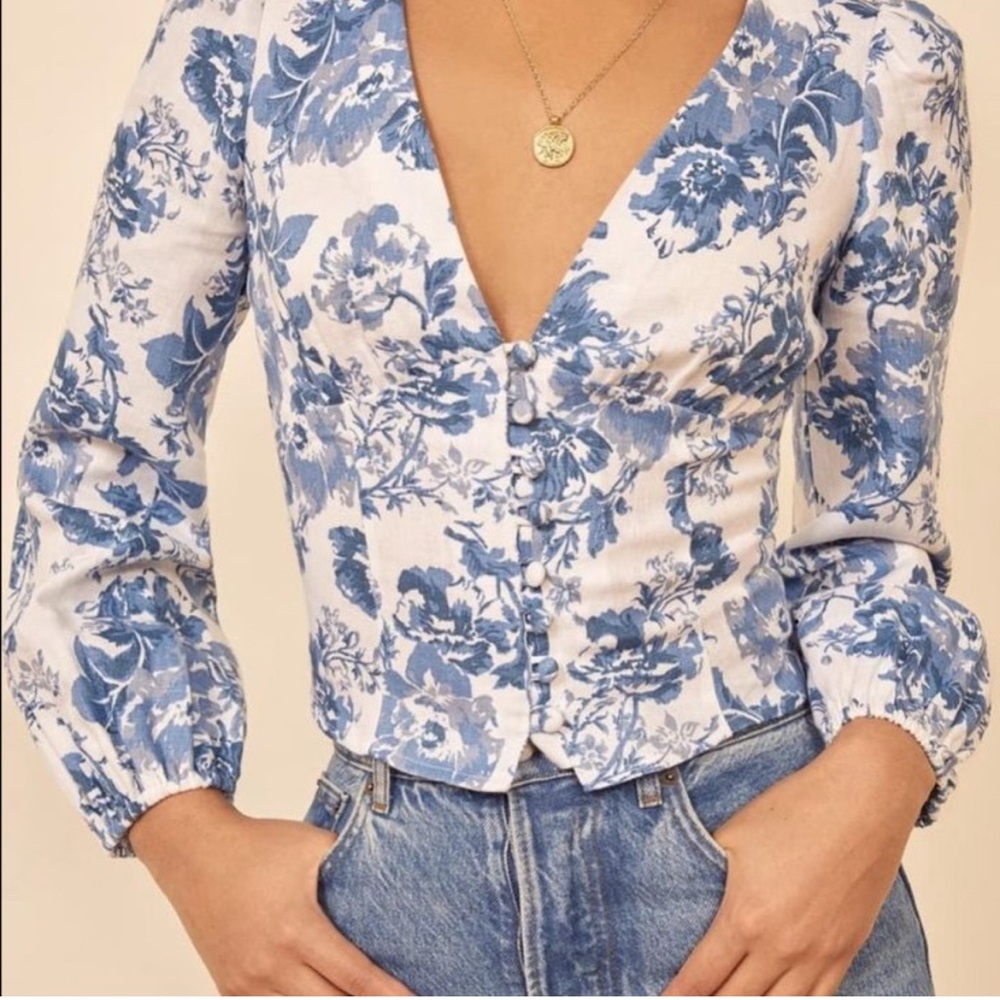 Reformation Blue Floral Button-Front Blouse